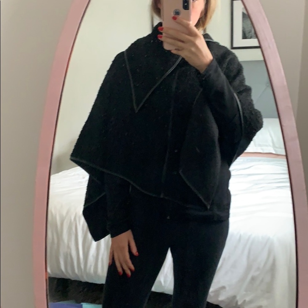 Black Tweed Poncho with Faux Leather Trim